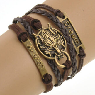 Wolf men's leather bracelet multi-layer bead bracelet casual (brown)