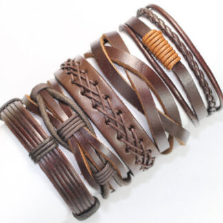 5 Piece Vintage brown handmade genuine men's leather bracelet