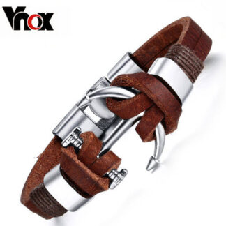 Men's anchor on leather bracelet multi-layer bead bracelet casual (brown)