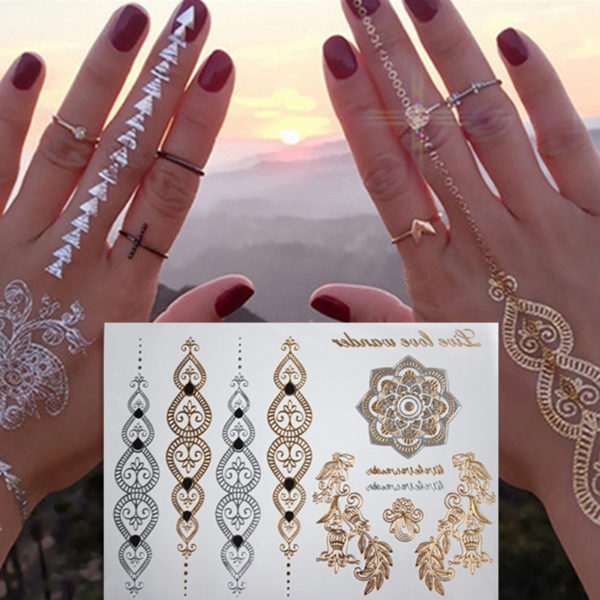 flash silver gold tattoos glitter metallic body art tattoo for women temporary flash tattoo feather choker bracelet